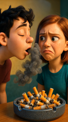Illustration von zwei Jugendlichen, einem Jungen und einen Mädchen. Der Junge stößt eine große dunkle Rauchwolke aus. Das Mädchen ist davon angewidert. Im Vordergrund sieht man einen Berg Zigaretten in einen Aschenbecher.