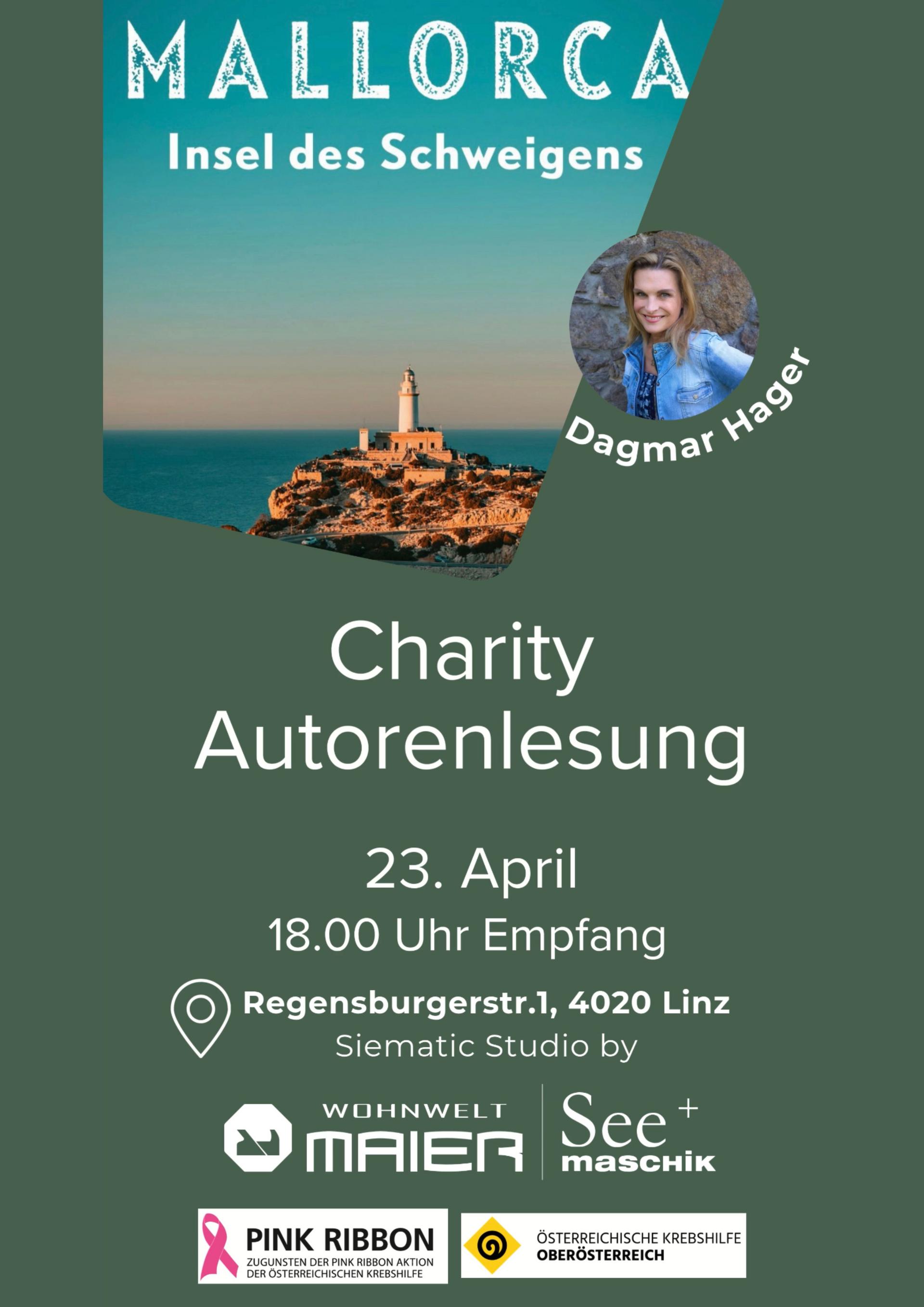 Plakat Buchpräsentation mit Bild von Dagmar Hager und Bild von einer kleinen Stadt auf Mallorca