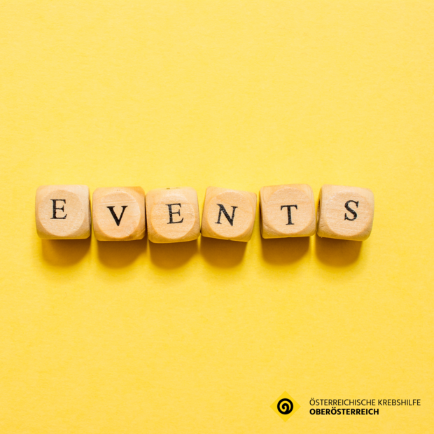 "Events" als Buchstaben auf W&uuml;rfeln vor gelbem Hintergrund