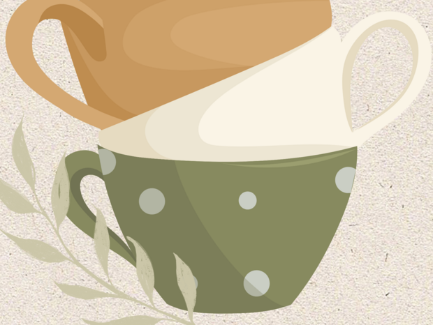 Illustration von stilisierten Tassen in sanften Farben, &uuml;bereinandergestapelt, mit dezenten Blattakzenten.