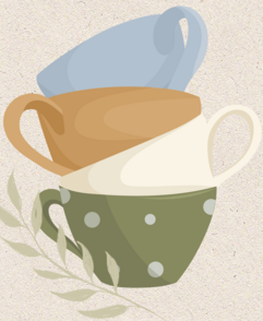 Illustration von stilisierten Tassen in sanften Farben, übereinandergestapelt, mit dezenten Blattakzenten.