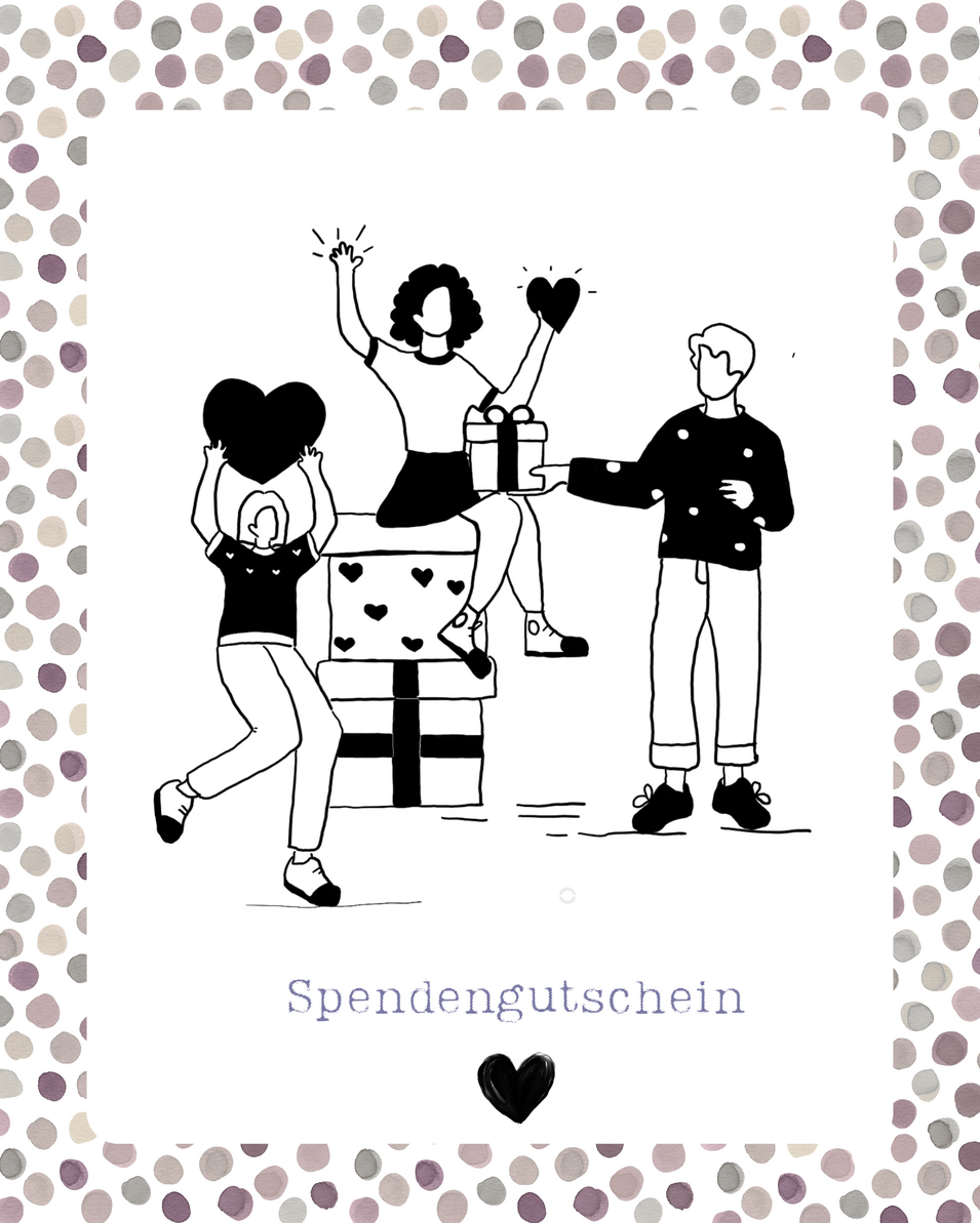 Drei gemalte Personen, die Geschenke in den H&auml;nden halten