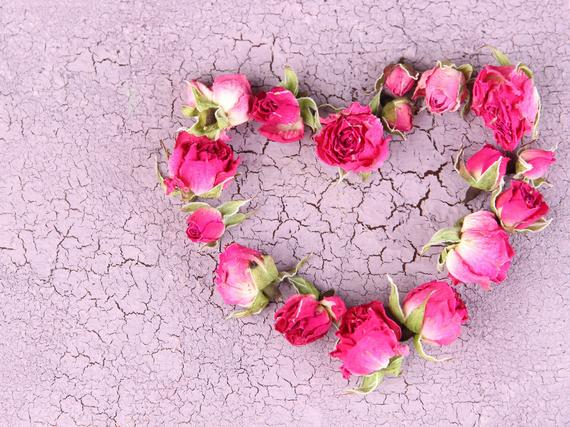 Ein Kranz aus Rosen in Herzform liegen auf einem ausgetrockneten Erdboden.