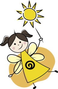 Eine Illustration von einer Fee, mit einem gelben Kleid mit dem Logo der Krebshilfe OÖ. In der Hand hält sie mit einen Stab die Sonne.