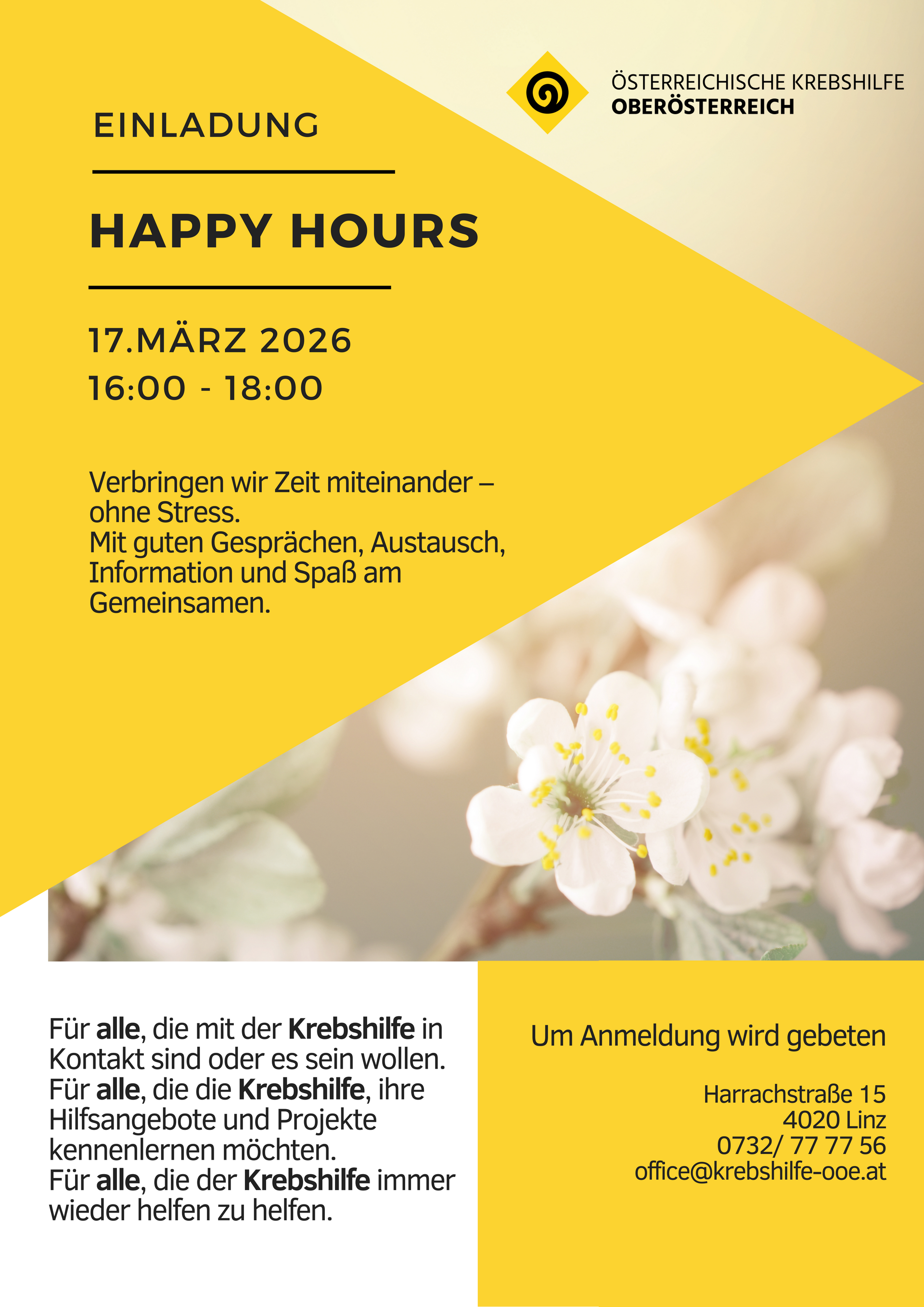 Werbeplakat für Happy Hours mit Marillenblüten im Hintergrund